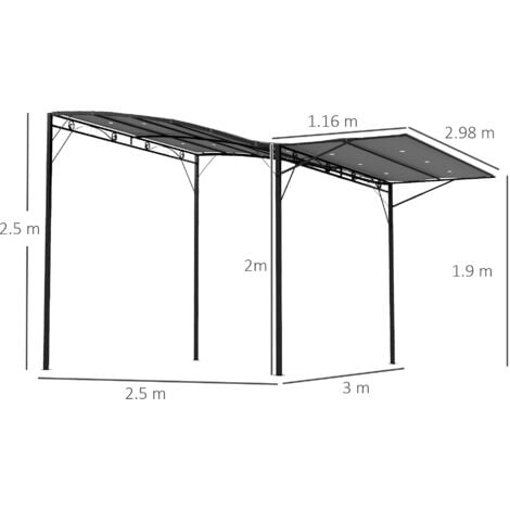 Outsunny 3 x 2.5m Patio Metal Gazebo Pergola Wall Mount Outdoor Shelter Grey