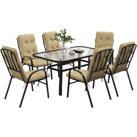 Outsunny 7 PCs Garden Dining Set w/ Umbrella Hole & Cushion Beige