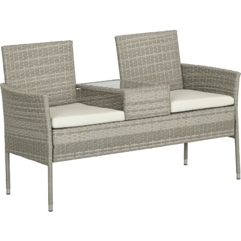 Outsunny Rattan Garden Bench w/ Glass Tea Table, Wicker Chair w/ Cushions Grey
