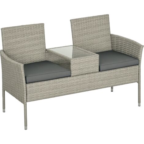 Outsunny Rattan Garden Bench w/ Glass Tea Table, Wicker Chair w/ Cushions Mixed Grey (1/5)