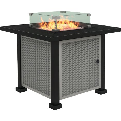Outsunny Outdoor Propane Gas Fire Pit Table w/ Wind Screen & Glass Beads Grey