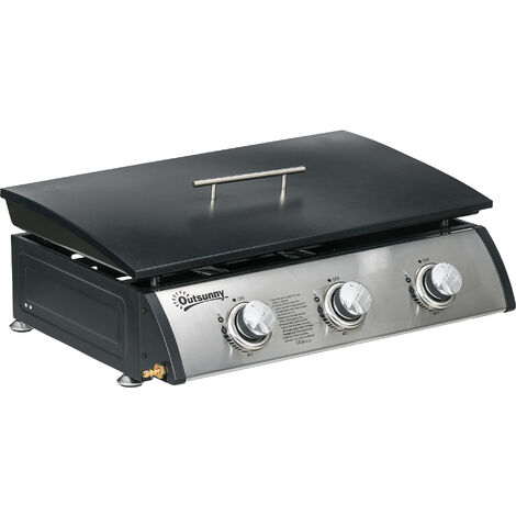 Outsunny Portable Gas Plancha BBQ Grill with 3 Burners, Non-Stick Griddle, Lid