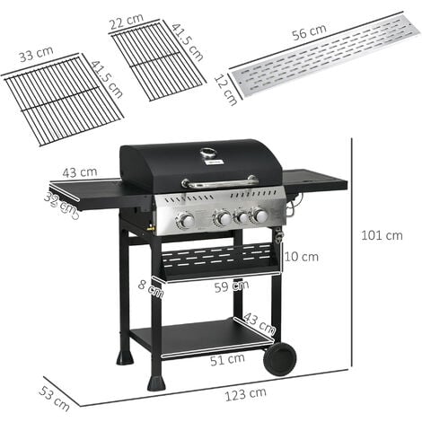 Outsunny 3+1 Burner Propane Gas Barbecue Grill with Thermometer, Bottle Opener