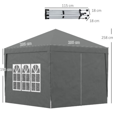 Outsunny 3mx3m Pop Up Gazebo Party Tent Canopy Marquee with Storage Bag Grey
