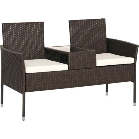 Outsunny Rattan Garden Bench w/ Glass Tea Table, Wicker Chair w/ Cushions Brown