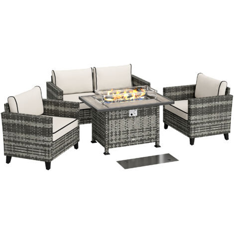 Outsunny 5 PCs Rattan Garden Furniture Set with Gas Fire Pit Table Grey