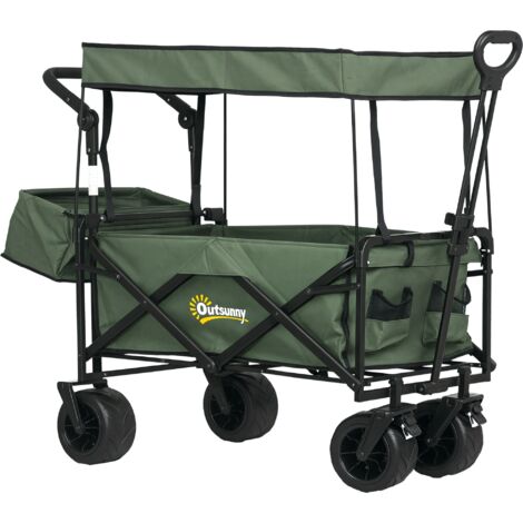 Outsunny Outdoor Push Pull Wagon Stroller Cart w/ Canopy Top Green