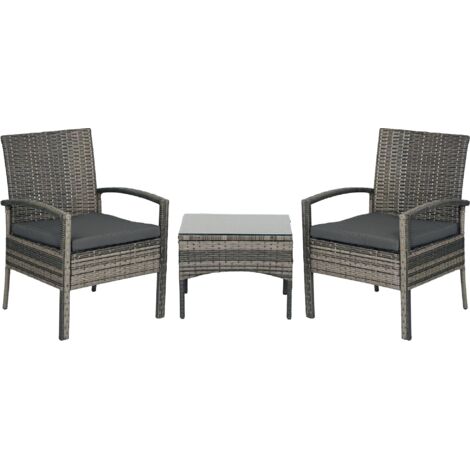 Outsunny 3PC Garden Rattan Bistro Set with Glass Top Table Mixed Grey