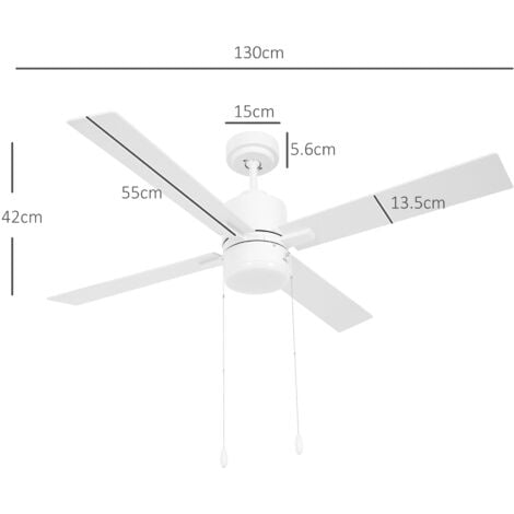 HOMCOM Mounting Reversible Ceiling Fan with Light, Pull-chain White