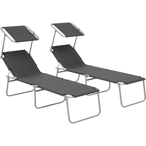Outsunny Folding Sun Lounger Set of 2 w/ Sunshade Adjustable Backrest Grey (1/5)