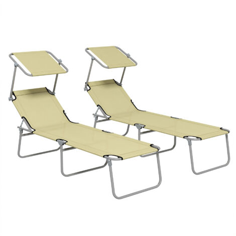 Outsunny Folding Sun Lounger Set of 2 w/ Sunshade Adjustable Backrest Beige