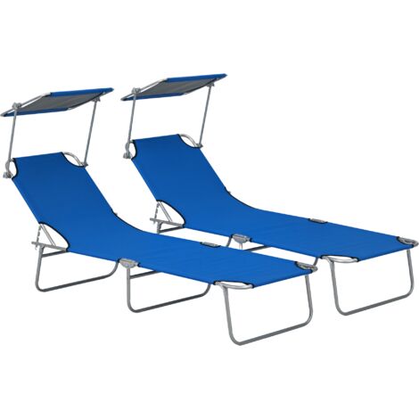 Outsunny Folding Sun Lounger Set of 2 w/ Sunshade Adjustable Backrest Blue (1/5)