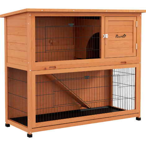 PawHut Wooden Rabbit Hutch, Antiseptic Outdoor, for 1-2 Rabbits - Orange 102H x 120L x 50Wcm