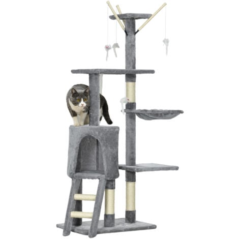 PawHut Cat Tree Kitty Activity Centre Scratching Post With Toys 5-tier Grey
