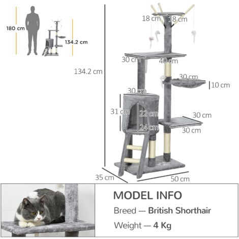PawHut Cat Tree Kitty Activity Centre Scratching Post With Toys 5-tier Grey
