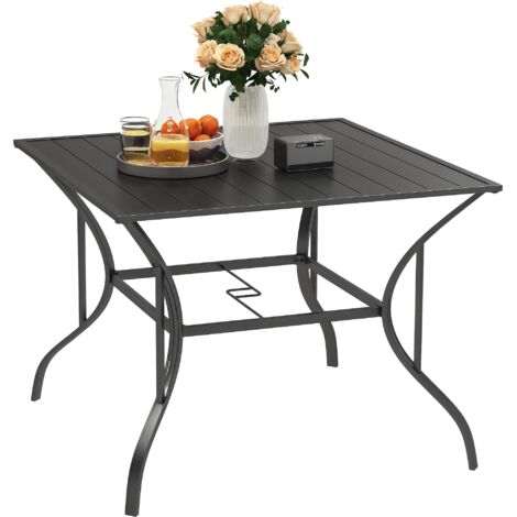 Outsunny Garden Table with Parasol Hole for Four, Slatted Metal Plate Top Grey