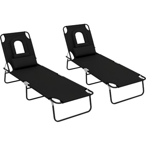 Outsunny Folding Sun Lounger Set of 2 Reclining Chair with Reading Hole Black (1/5)