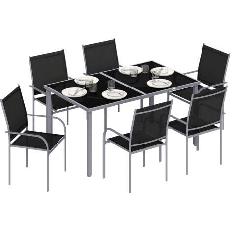 Outsunny 7 Piece Garden Dining Set, Steel Outdoor Table and Chairs Black