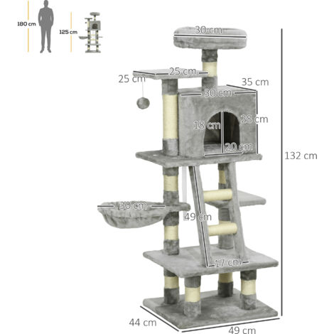 PawHut 132cm Multi-Activity Cat Tree w/ House, Bed, Ladder, Scratch Post - Grey