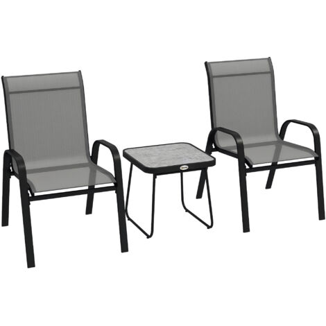 Outsunny 3-Piece Patio Bistro Set With Stackable Mesh Chairs & Stone-Look Table For Small Balcony, Black
