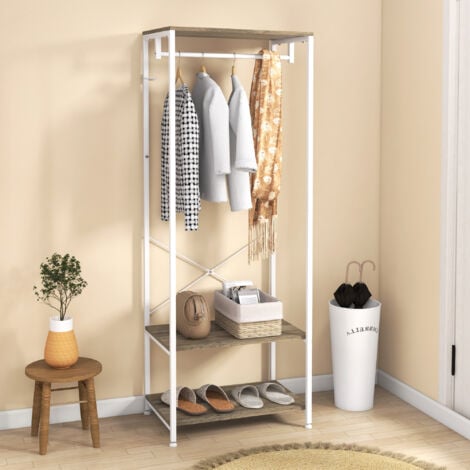 HOMCOM Coat Rack, 2-in-1 Clothes Stand with Shoe Storage, 168cm Free Standing Hall Tree with Hanging Rail and 2 Storage Shelves for Hallway, Entryway, Bedroom Grey