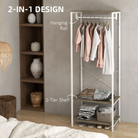 HOMCOM Coat Rack, 2-in-1 Clothes Stand with Shoe Storage, 168cm Free Standing Hall Tree with Hanging Rail and 2 Storage Shelves for Hallway, Entryway, Bedroom Grey