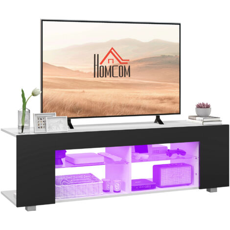HOMCOM TV Stand Cabinet, 145cm Modern TV Unit with Glass Shelves, RGB LED Light for Living Room, Entertainment Unit for 32 40 43 50 52 55 60 inch 4k TV Black