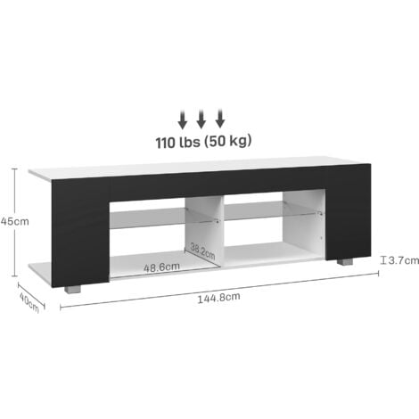 HOMCOM TV Stand Cabinet, 145cm Modern TV Unit with Glass Shelves, RGB LED Light for Living Room, Entertainment Unit for 32 40 43 50 52 55 60 inch 4k TV Black