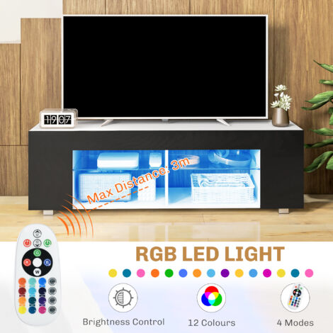 HOMCOM TV Stand Cabinet, 145cm Modern TV Unit with Glass Shelves, RGB LED Light for Living Room, Entertainment Unit for 32 40 43 50 52 55 60 inch 4k TV Black