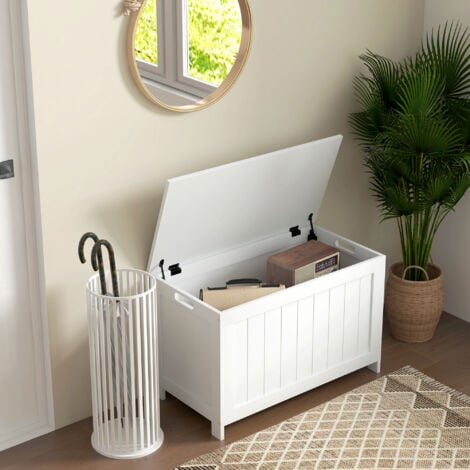 HOMCOM Storage Chest, Modern Storage Trunk with 2 Safety Hinges and Cut-out Handles, Wooden Toy Box for Living Room, Entryway, 76 x 40 x 48 cm White