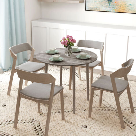 HOMCOM Folding Dining Table for 4, Round Drop Leaf Table, Modern Space Saving Small Kitchen Table with Wood Legs for Dining Room Grey