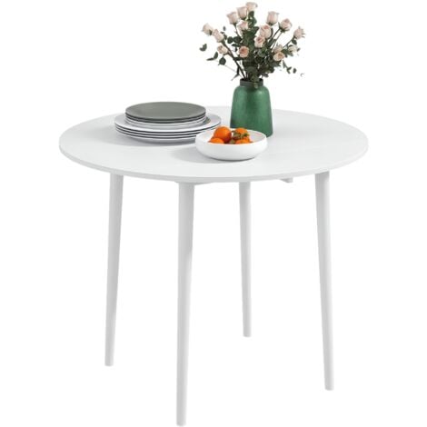 HOMCOM Folding Dining Table for 4, Round Drop Leaf Table, Modern Space Saving Small Kitchen Table with Wood Legs for Dining Room White