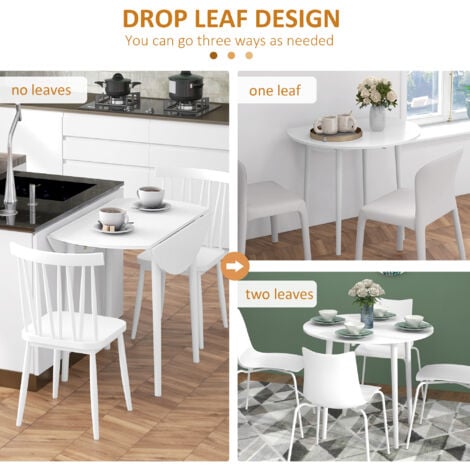 HOMCOM Folding Dining Table for 4, Round Drop Leaf Table, Modern Space Saving Small Kitchen Table with Wood Legs for Dining Room White