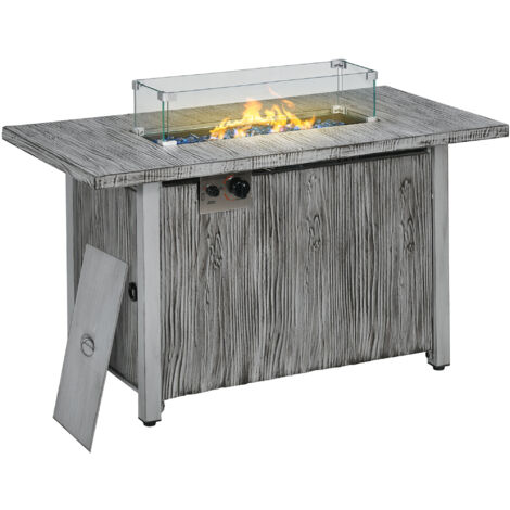 Outsunny Fire Pit Table with 50,000 BTU Burner, Cover, Glass Screen, Grey