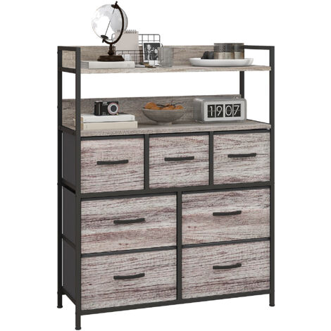HOMCOM Bedroom Chest of Drawers, Drawer Dresser Storage Organiser Unit with Foldable Drawers, Open Shelves and Steel Frame for Living Room, Entryway, Grey Wood Effect 7 Drawer