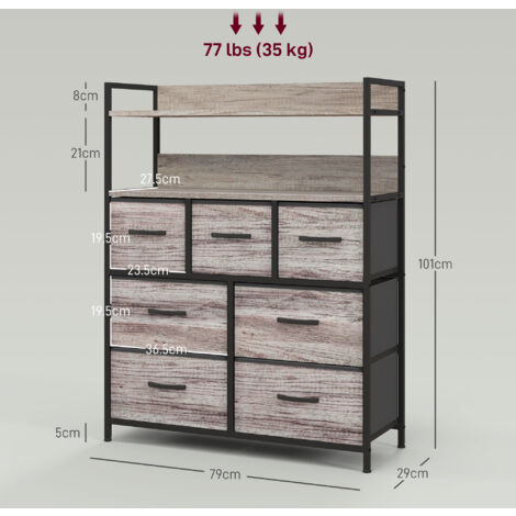 HOMCOM Bedroom Chest of Drawers, Drawer Dresser Storage Organiser Unit with Foldable Drawers, Open Shelves and Steel Frame for Living Room, Entryway, Grey Wood Effect 7 Drawer