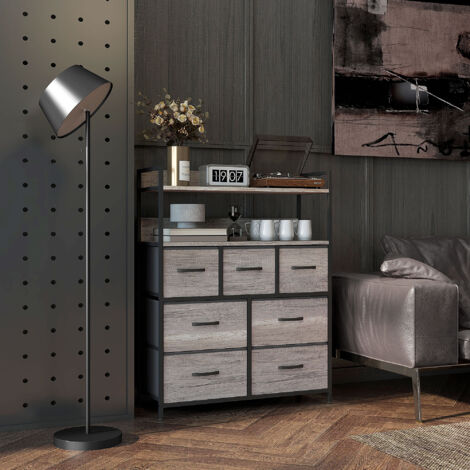 HOMCOM Bedroom Chest of Drawers, Drawer Dresser Storage Organiser Unit with Foldable Drawers, Open Shelves and Steel Frame for Living Room, Entryway, Grey Wood Effect 7 Drawer