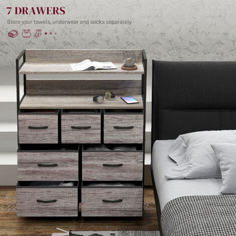 HOMCOM Bedroom Chest of Drawers, Drawer Dresser Storage Organiser Unit with Foldable Drawers, Open Shelves and Steel Frame for Living Room, Entryway, Grey Wood Effect 7 Drawer