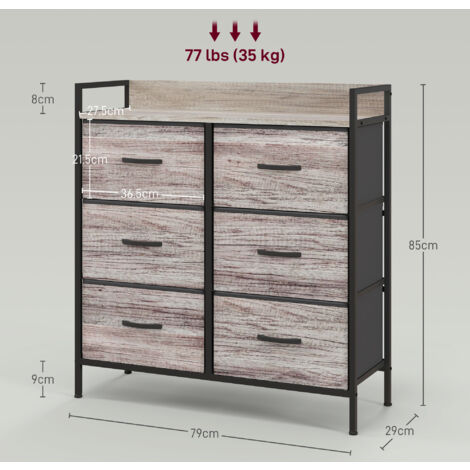 HOMCOM Bedroom Chest of Drawers, Drawer Dresser Storage Organiser Unit with Foldable Drawers, Open Shelves and Steel Frame for Living Room, Entryway, Grey Wood Effect 6 Drawer