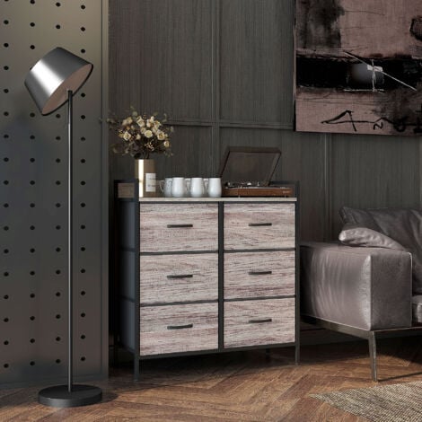 HOMCOM Bedroom Chest of Drawers, Drawer Dresser Storage Organiser Unit with Foldable Drawers, Open Shelves and Steel Frame for Living Room, Entryway, Grey Wood Effect 6 Drawer
