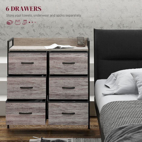 HOMCOM Bedroom Chest of Drawers, Drawer Dresser Storage Organiser Unit with Foldable Drawers, Open Shelves and Steel Frame for Living Room, Entryway, Grey Wood Effect 6 Drawer