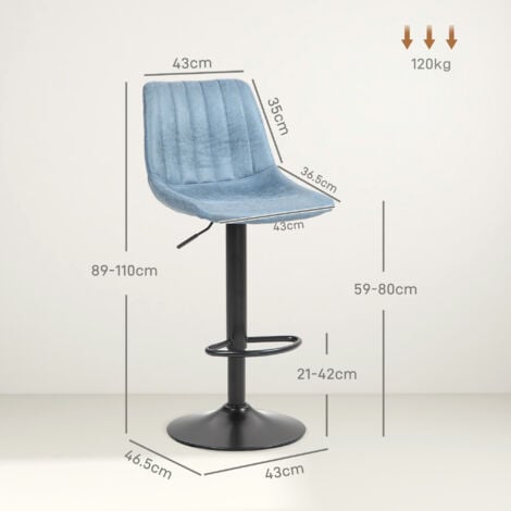 HOMCOM Adjustable Bar Stools Set of 2 Counter Height Barstools Dining Chairs 360° Swivel with Footrest for Home Pub Blue
