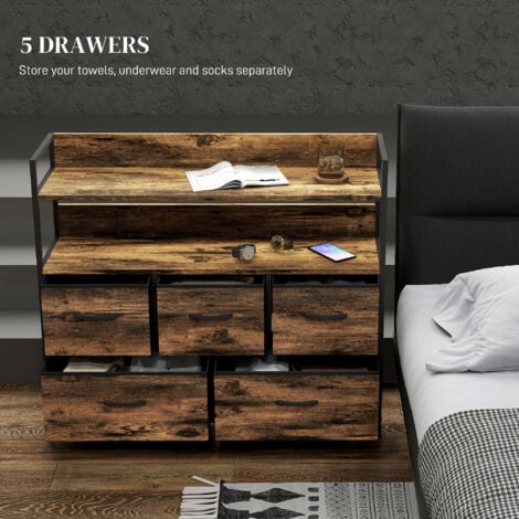 HOMCOM Bedroom Chest of Drawers, Drawer Dresser Storage Organiser Unit with Foldable Drawers, Open Shelves and Steel Frame for Living Room, Entryway, Grey Wood Effect 5 Drawer