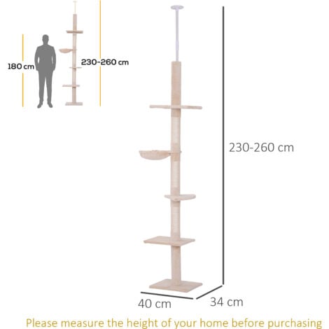 PawHut Floor to Ceiling Cat Tree for Indoor Cats 5-Tier Scratching Post 230-260cm Beige