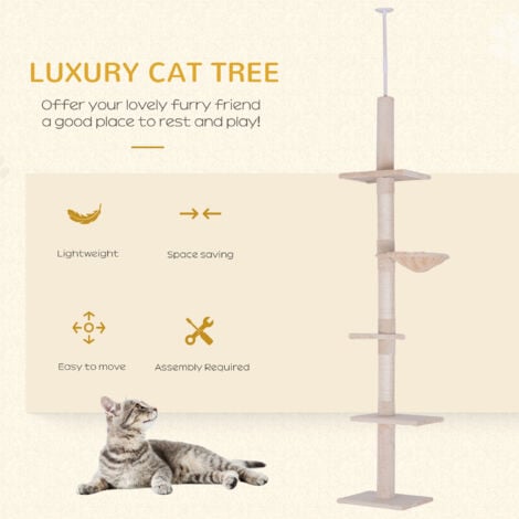 PawHut Floor to Ceiling Cat Tree for Indoor Cats 5-Tier Scratching Post 230-260cm Beige