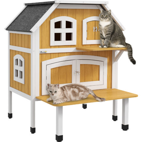 PawHut Outdoor Cat House Cat Shelter w/ Openable Asphalt Roof, Escape Doors