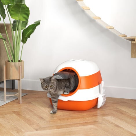 PawHut Foldable Cat Litter Tray Hooded Cat Litter Box w/ High Side Orange
