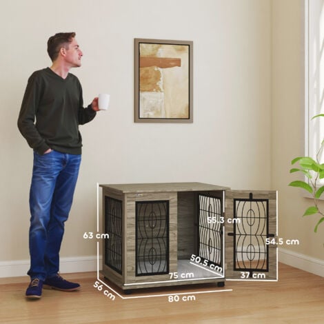 PawHut Dog Crate Furniture, End Table for Dogs w/ Cushion 80L x 56W x 63Hcm