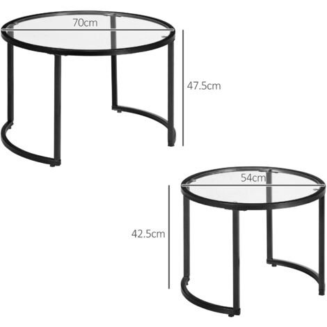 HOMCOM Glass Coffee Table Set of 2, Round Nest of Tables, Black