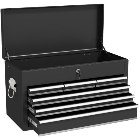 HOMCOM 6 Drawer Tool Chest, Lockable Metal Tool Box with Top Case, Ball Bearing Runners, Portable Toolbox, 600mm x 260mm x 340mm Black